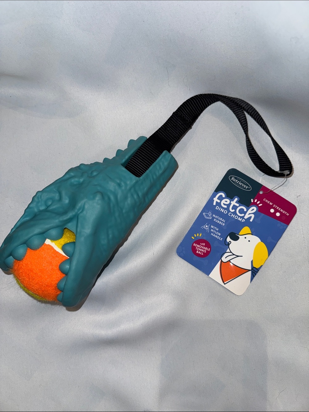 Fetch Teal Dino Chomp with Removable Tennis Ball, NEW Dog Toy